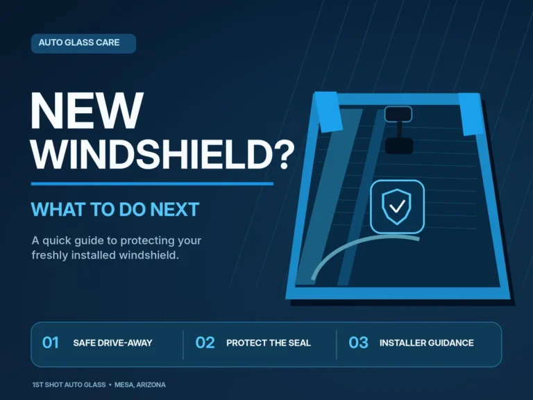 Up To $450 Cash Back | Windshield Replacement Mesa 86 Illustration of a newly installed windshield with blue retention tape and windshield aftercare tips